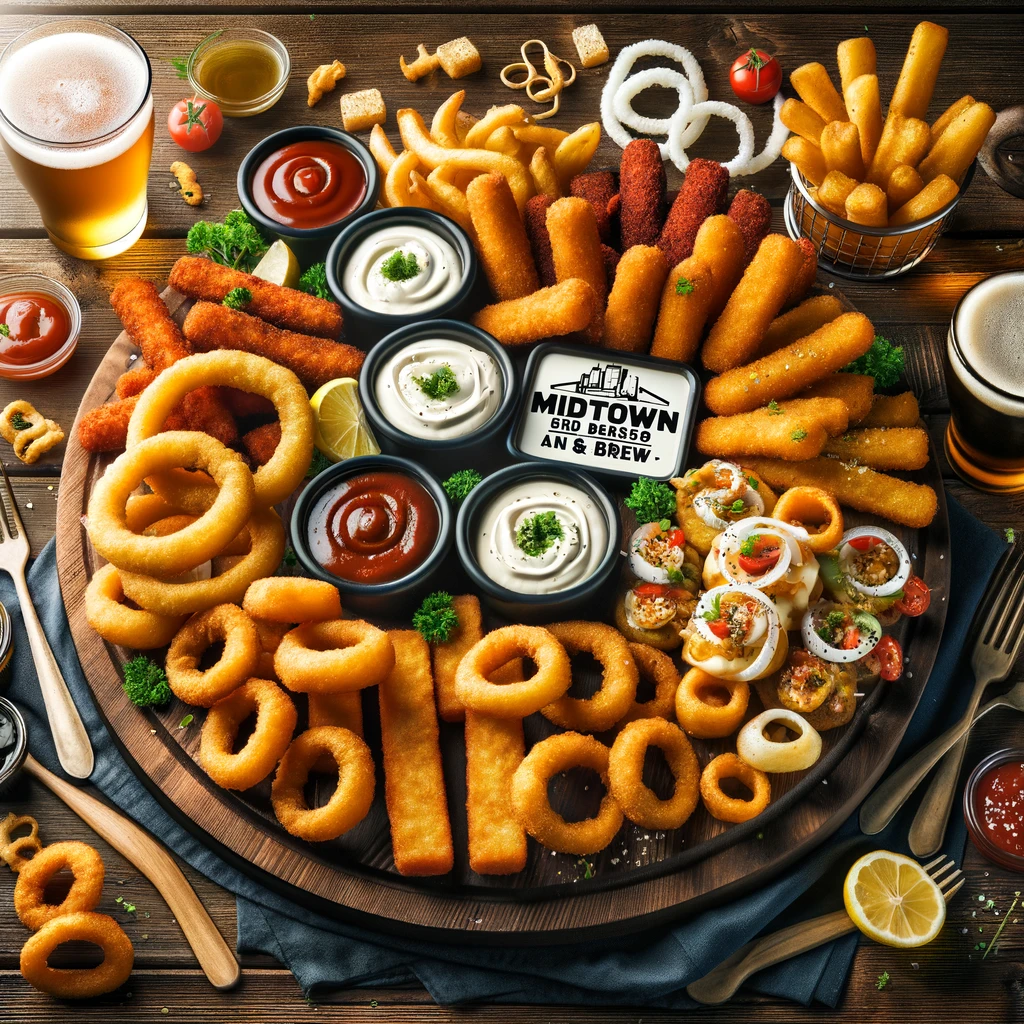 Popular appetizers like mozzarella sticks, onion rings, fried calamari, and loaded potato skins, presented with dipping sauces and garnishes. 