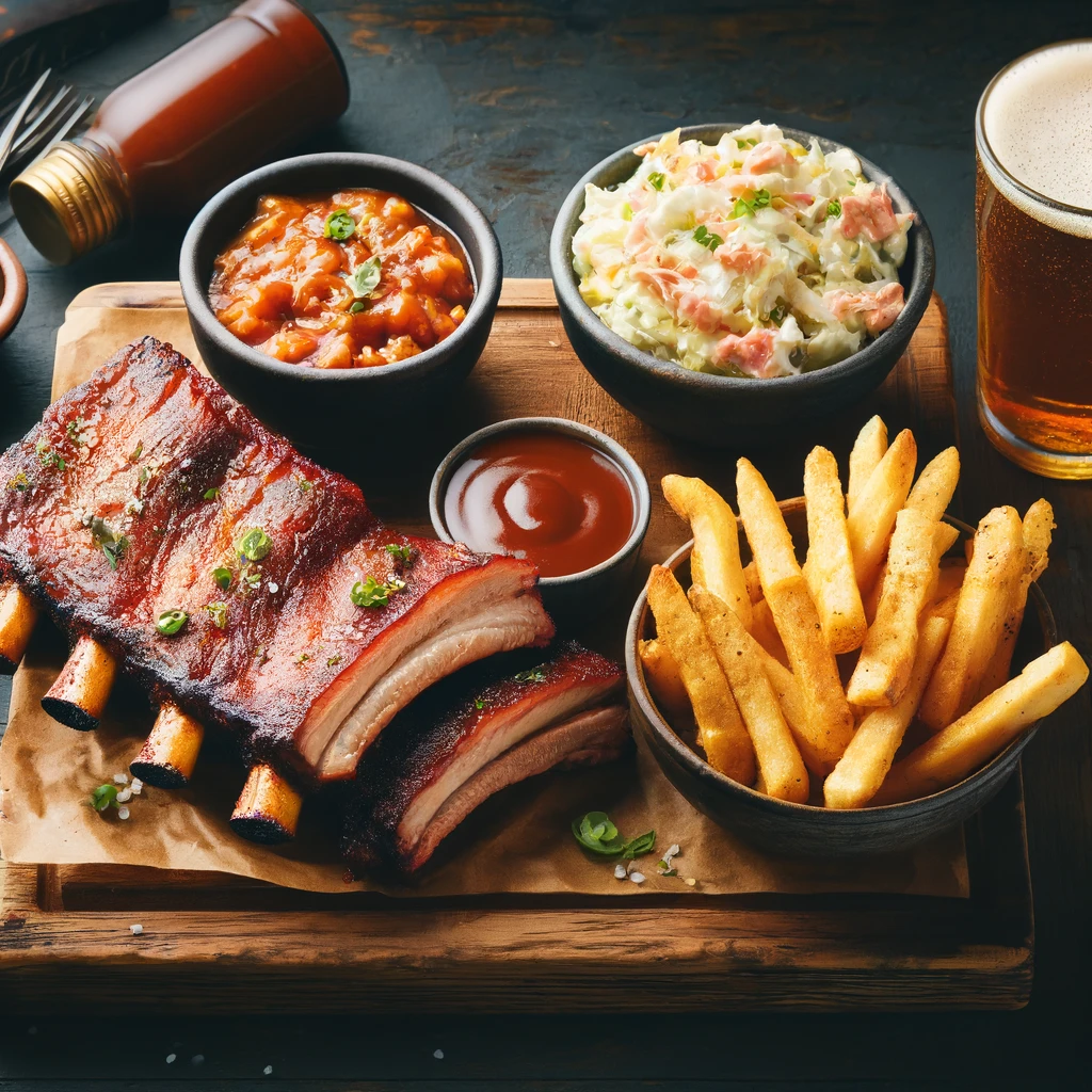 succulent smoked pork ribs served with house-made sauce, accompanied by sides like coleslaw, cornbread, or fries. 