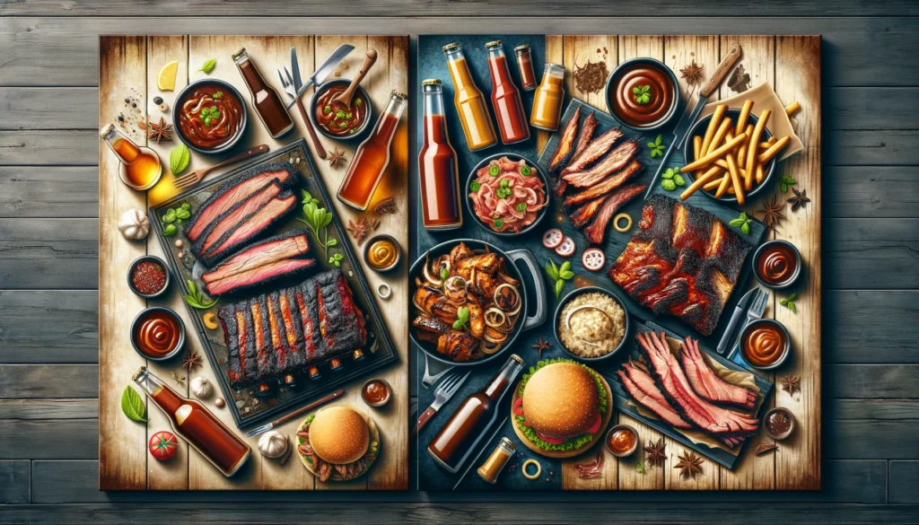 Specialty barbecue dishes like brisket, ribs, pulled pork, or grilled chicken.