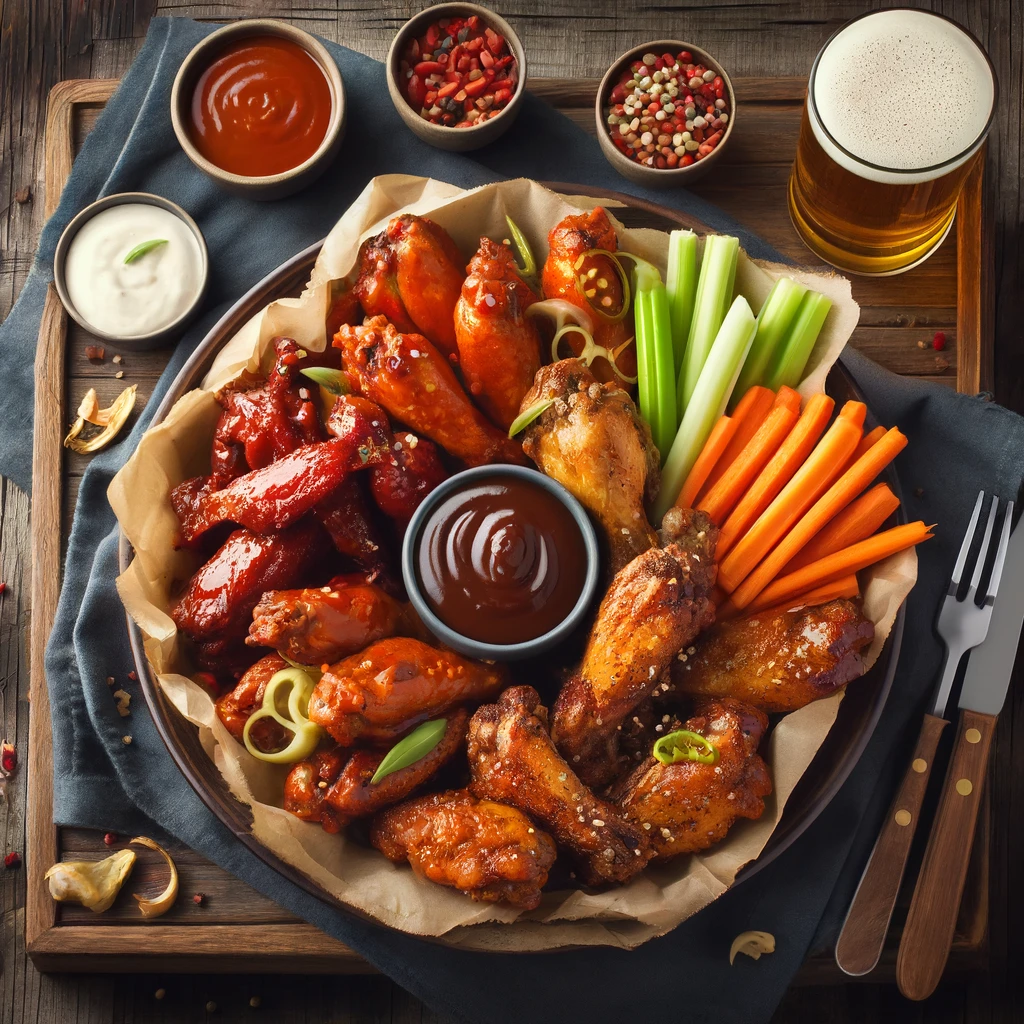 chicken wings, including spicy buffalo, barbecue glazed, and honey garlic, with garnishes like celery sticks, carrot sticks, and dipping sauces.