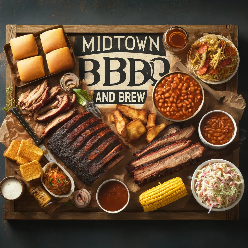  barbecue dishes at Midtown BBQ and Brew. These scenes showcase a variety of barbecue items, such as smoked brisket, ribs, and pulled pork, with sides like cornbread, baked beans, and coleslaw. 