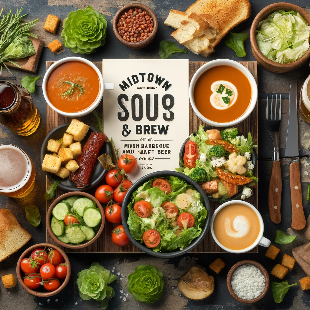 variety of soups like tomato bisque and chicken noodle, along with salads such as Caesar and garden salad. 