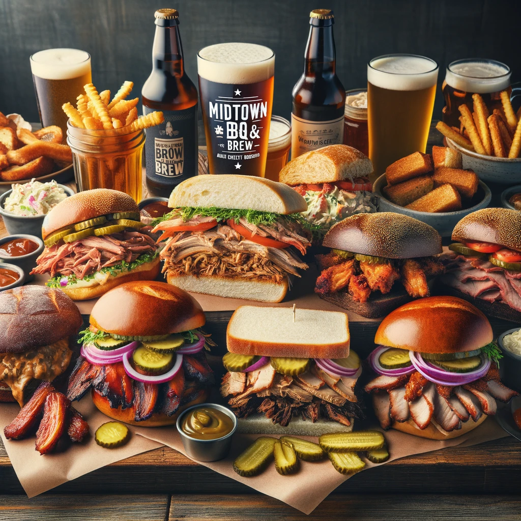 GPT Create an image featuring sandwiches at Midtown BBQ and Brew, a barbecue and craft beer restaurant. The image should showcase a variety of sandwiches, such as pulled pork, brisket, or chicken. Include a selection of bread types, like brioche, sourdough, or whole wheat. Arrange the sandwiches on a large platter or individual plates, with sides like fries, coleslaw, or pickles. The presentation should be appetizing and suggest a hearty and satisfying selection of sandwiches, suitable for a barbecue and craft beer restaurant. Create an image featuring sandwiches at Midtown BBQ and Brew, a barbecue and craft beer restaurant. The image should showcase a variety of sandwiches, such as pulled pork, brisket, or chicken. Include a selection of bread types, like brioche, sourdough, or whole wheat. Arrange the sandwiches on a large platter or individual plates, with sides like fries, coleslaw, or pickles. The presentation should be appetizing and suggest a hearty and satisfying selection of sandwiches, suitable for a barbecue and craft beer restaurant. Here are two images featuring sandwiches at Midtown BBQ and Brew. The scenes showcase a variety of sandwiches, including pulled pork, brisket, and chicken, with a selection of bread types and sides like fries, coleslaw, or pickles.